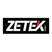 Logo di Zetek su sfondo nero con lettere stilizzate bianche e una linea rossa.